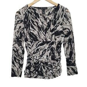 Y2K Vintage Womens Sheer Zebra Print Ruched V Neck Long Sleeve Top L‎ Goth Glam